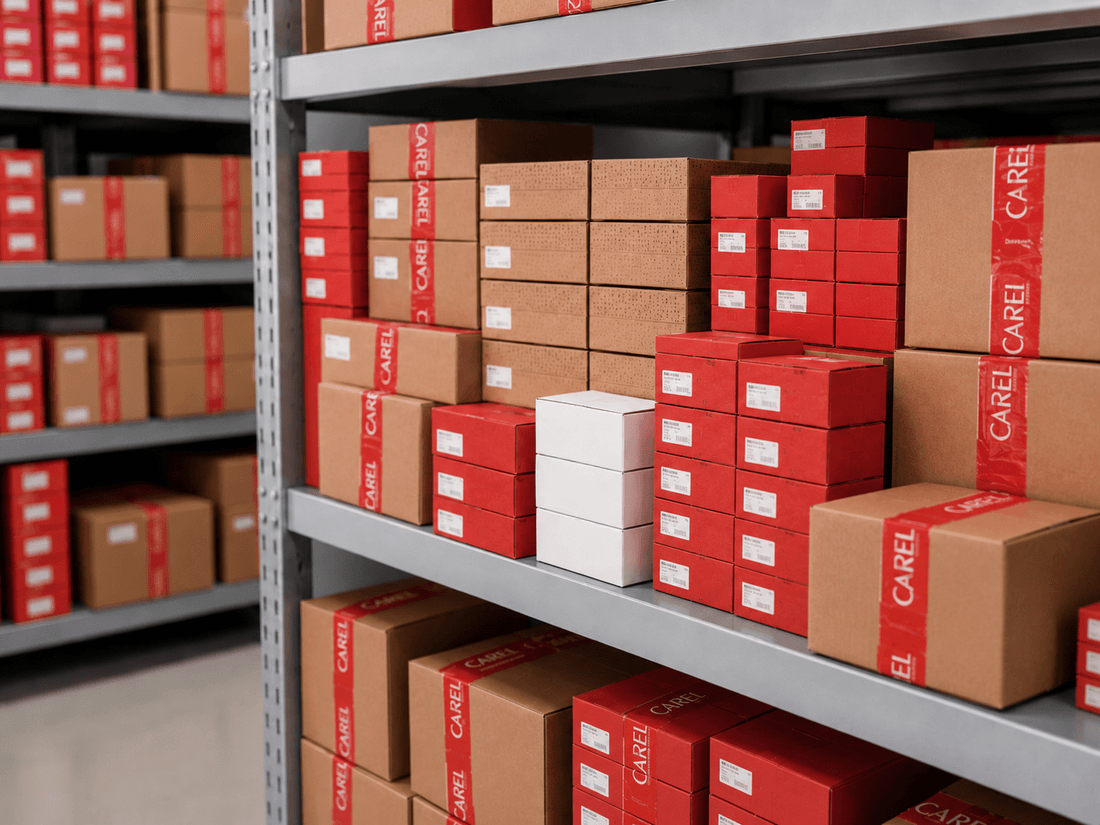 Stock de composants CAREL organisé en rayonnage